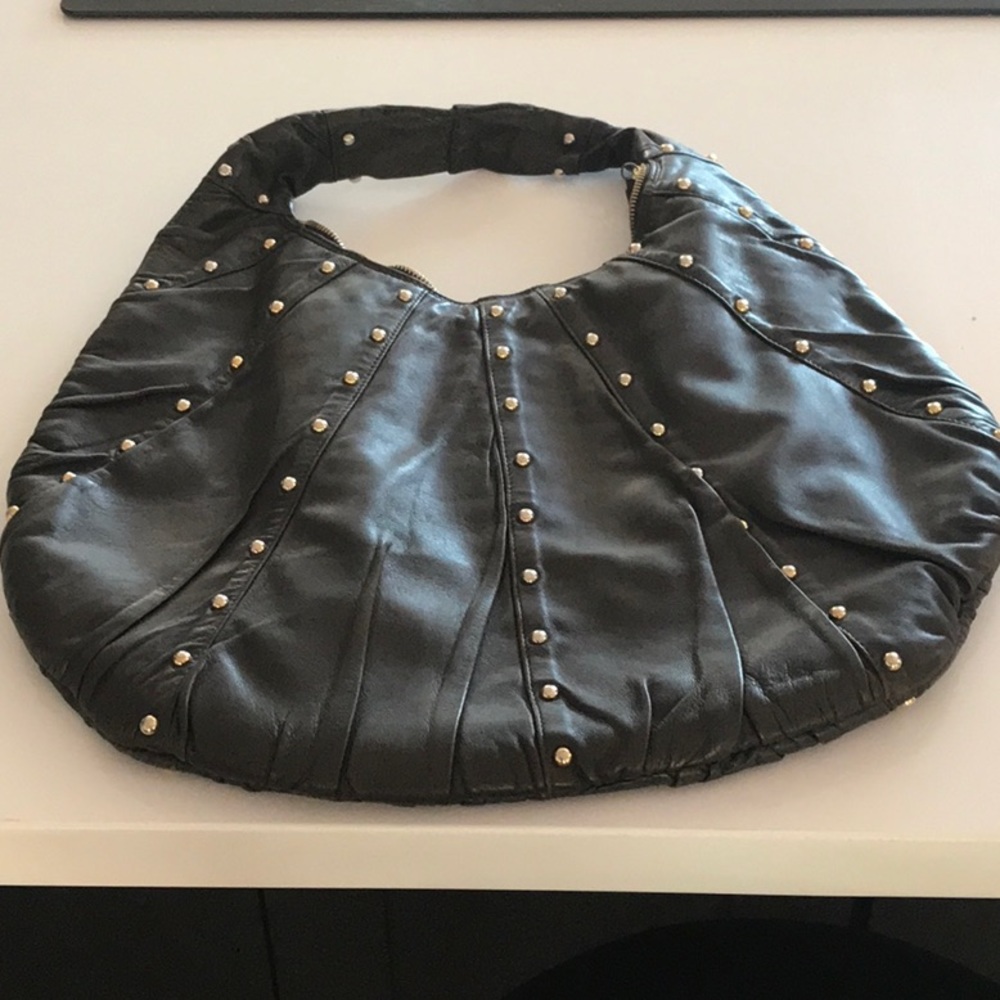 Bag & wallet - brown leather hobo bag w/gold studs